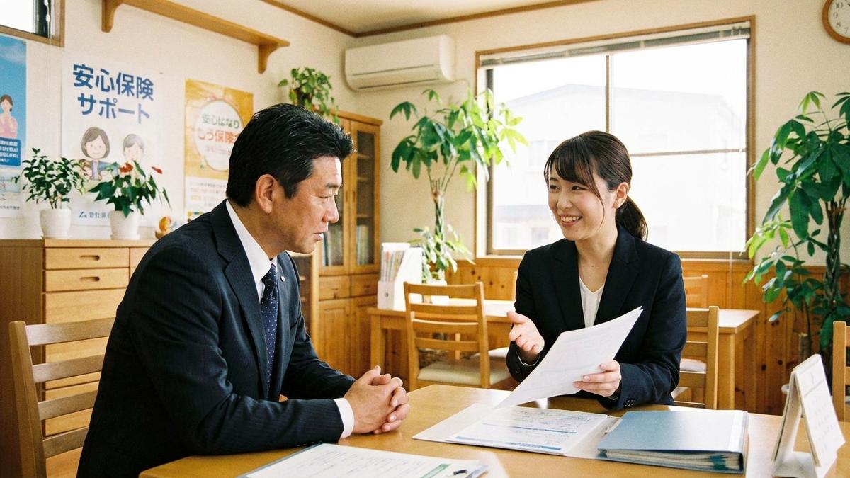 保険代理店で施設賠償責任保険について相談する賃貸オーナーのイメージ