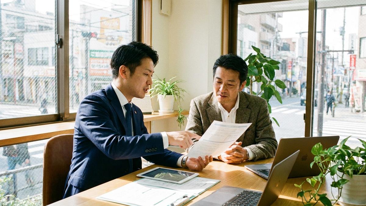 法人保険の受取人について相談する経営者と保険コンサルタント