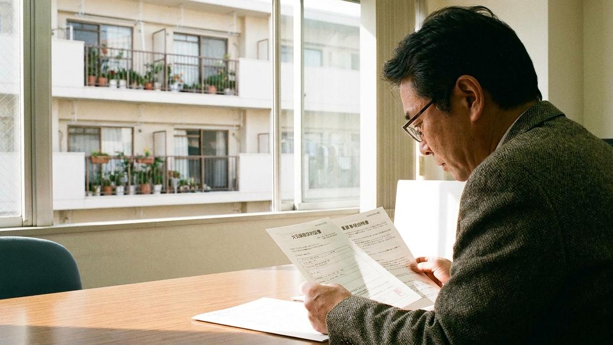 火災保険書類を確認するアパートオーナー