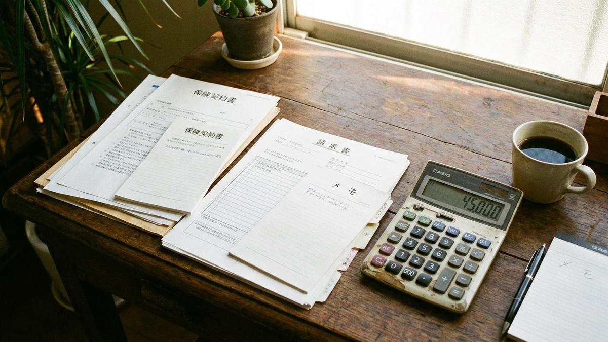 傷害保険と県民共済の書類を比較する様子