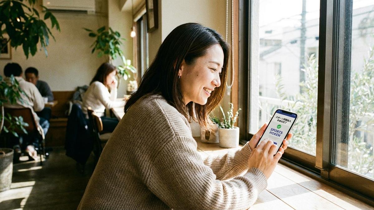スマホで個人向けスポーツ保険に加入する女性