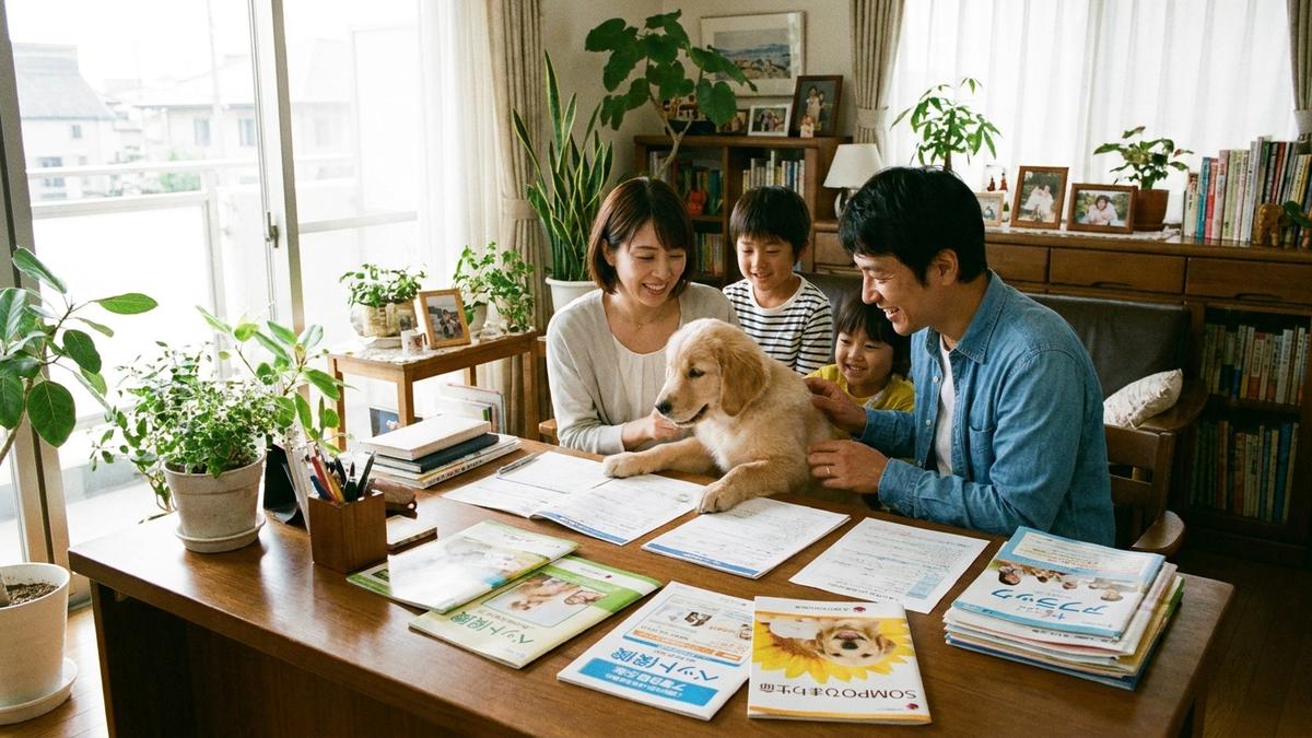 ペット保険の資料と犬が並ぶ穏やかなリビング