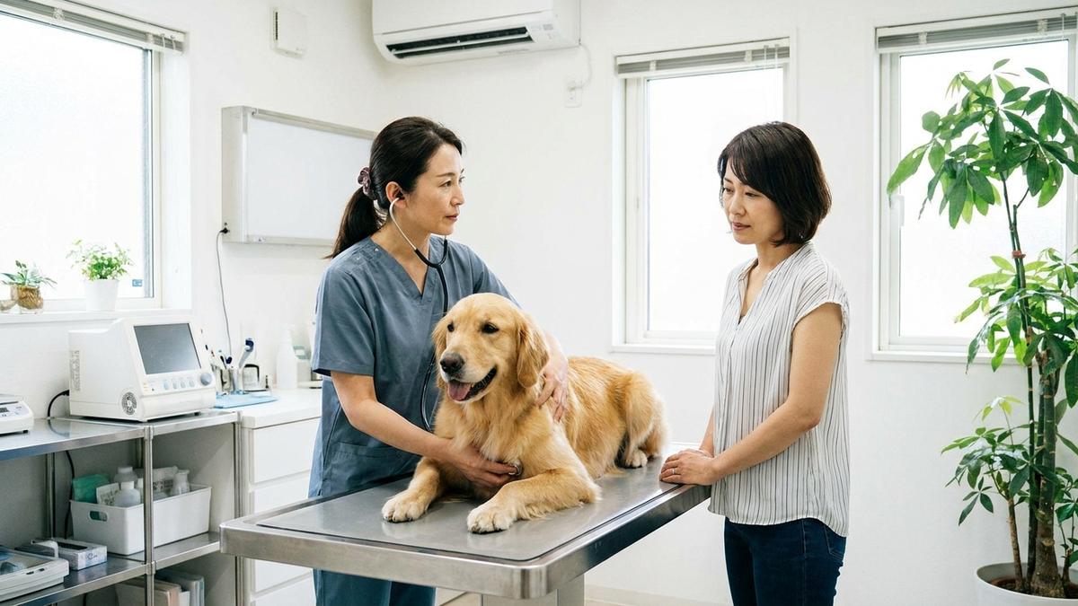動物病院で犬を診察する獣医師と飼い主