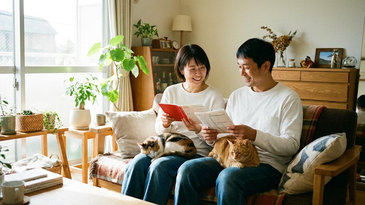 家計を確認しながら猫を抱く日本人夫婦