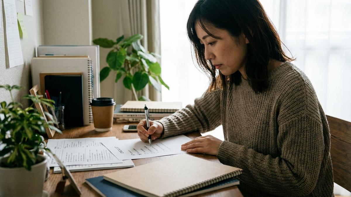 ペット保険の判断チェックリストを記入する女性
