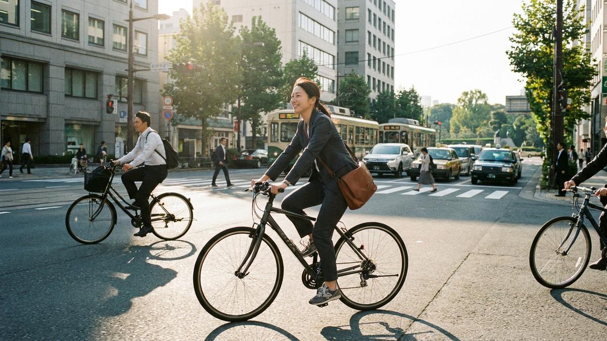 自転車で通勤する大人の会社員女性