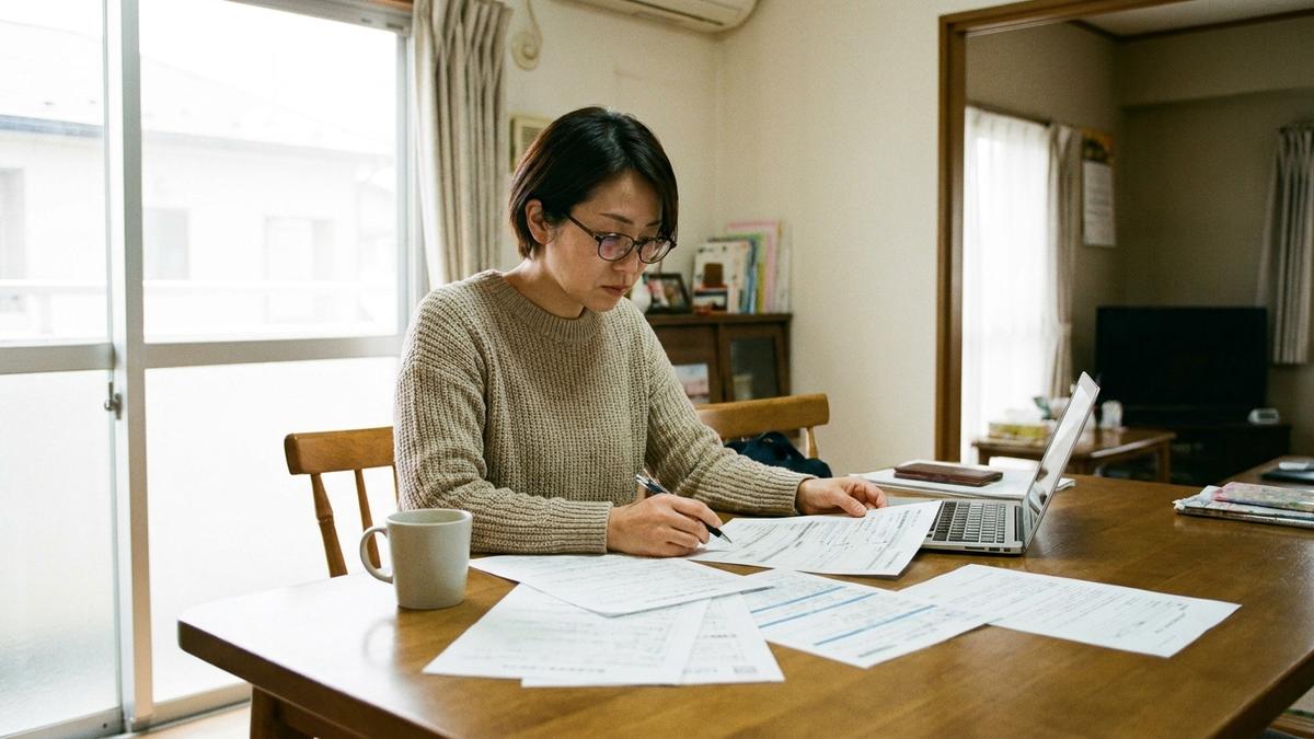 保険証券を見直す40代女性