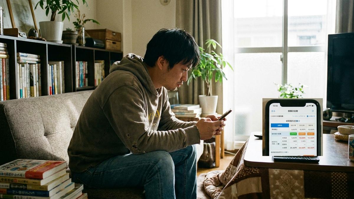 スマホで自転車保険を確認する一人暮らしの男性
