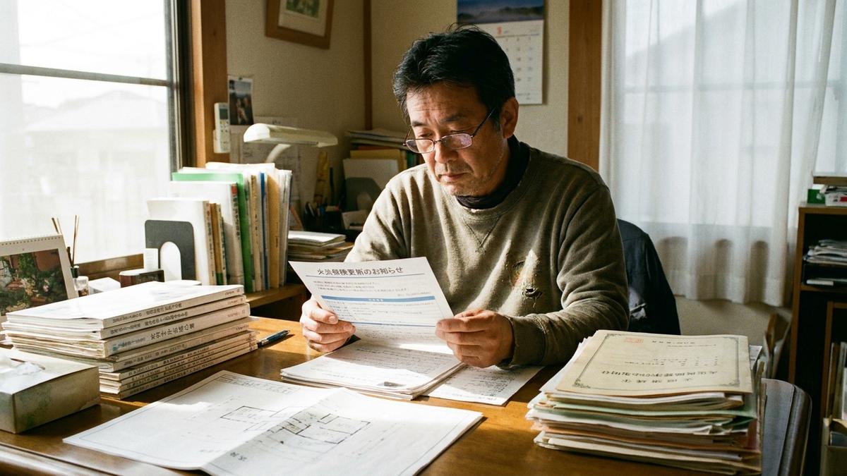 アパートオーナーが火災保険の更新通知を確認している様子
