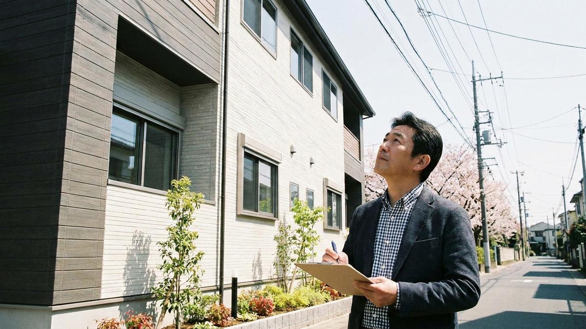 リフォーム後のアパート建物を確認しているオーナー