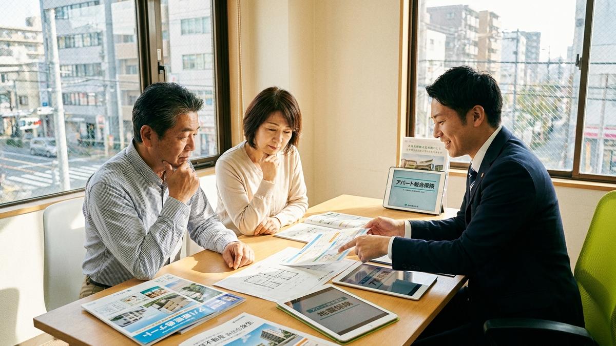 保険代理店で複数物件の火災保険を相談しているオーナー夫婦