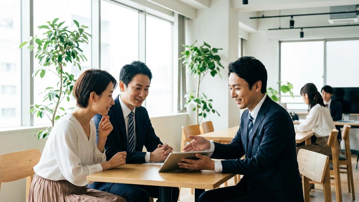 保険代理店のコンサルタントが少人数イベント向け保険を提案している場面