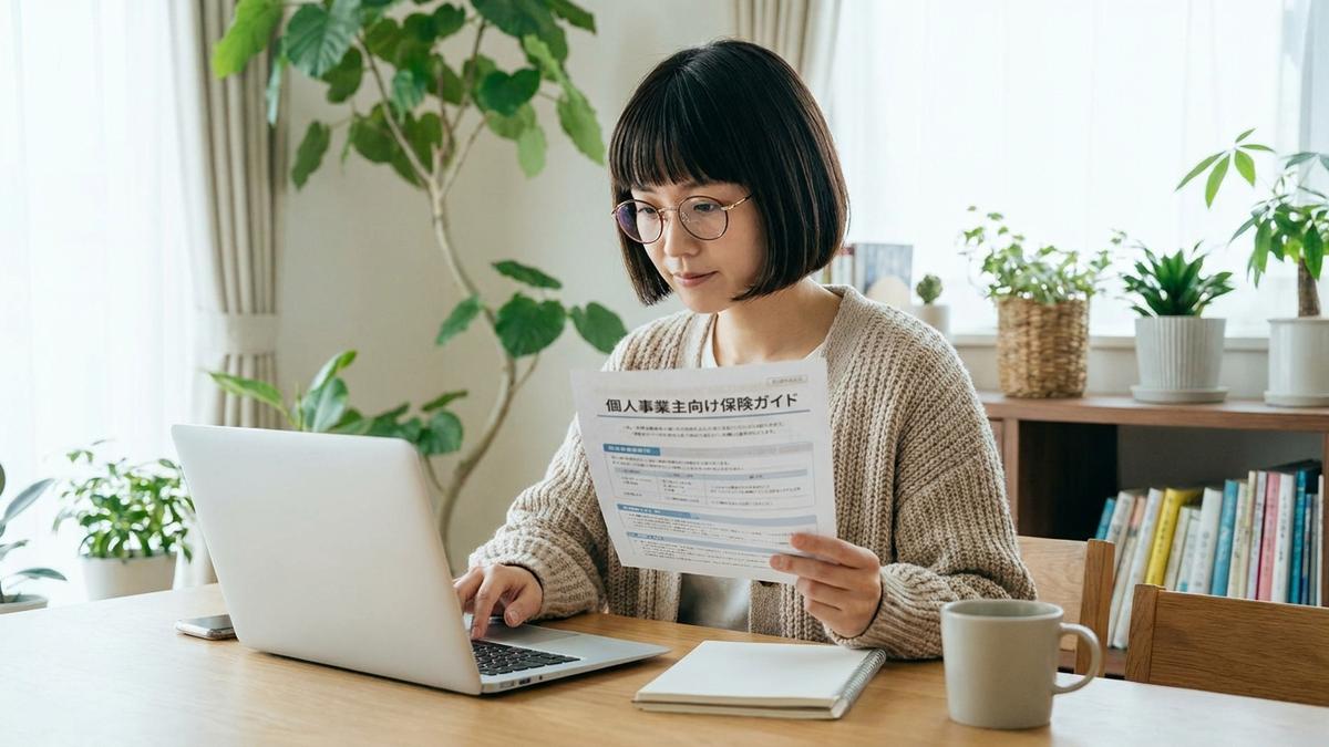 副業・個人事業主として働く女性の保険整理のポイントを確認するシーン