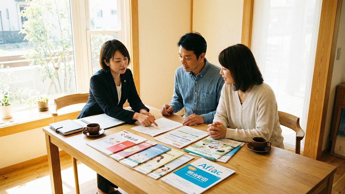 保険代理店で複数社の保険を比較する様子