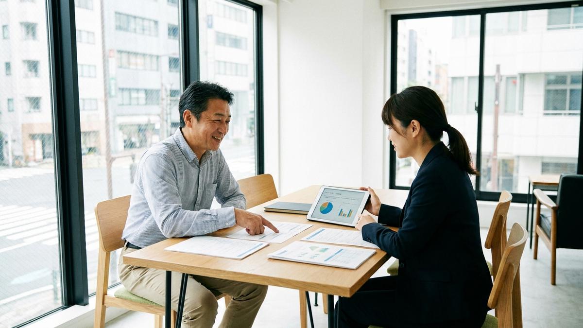 保険代理店で業務使用の自動車保険を相談する様子
