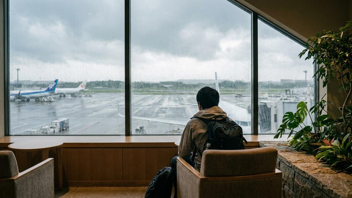 台風シーズンの空模様を眺める旅行者のイメージ