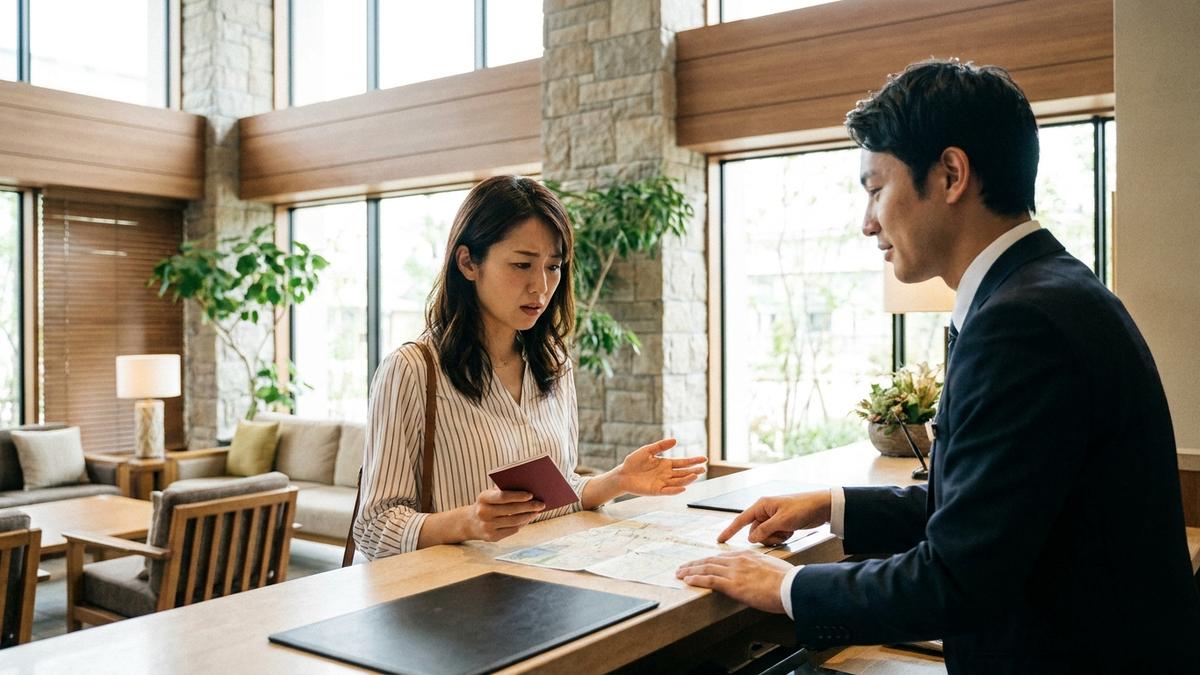 欠航・延泊でホテルフロントに相談する旅行者