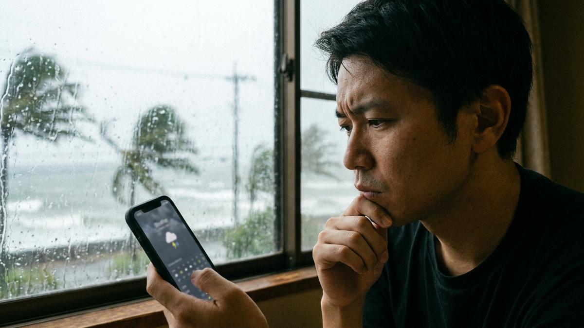 台風接近時に出発を判断する旅行者