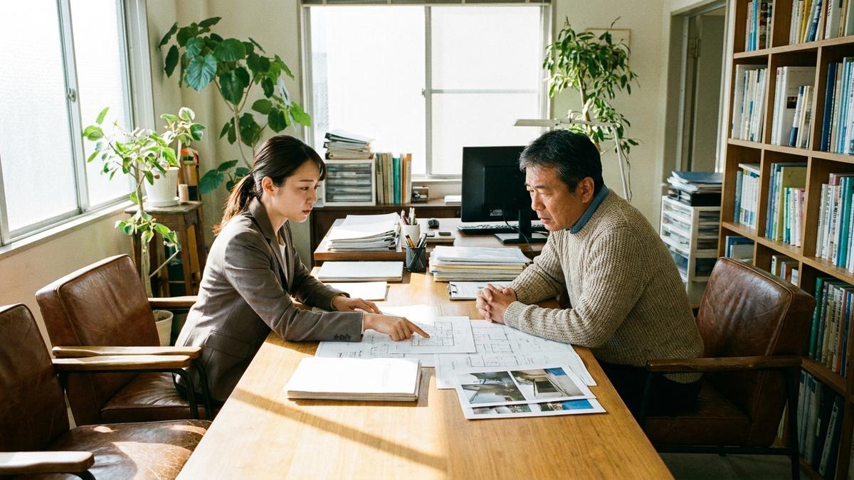 水漏れの責任範囲を相談する不動産オーナーと保険担当者