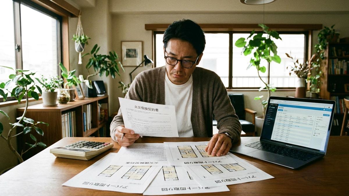 火災保険の家賃収入特約の契約書を確認するアパートオーナー