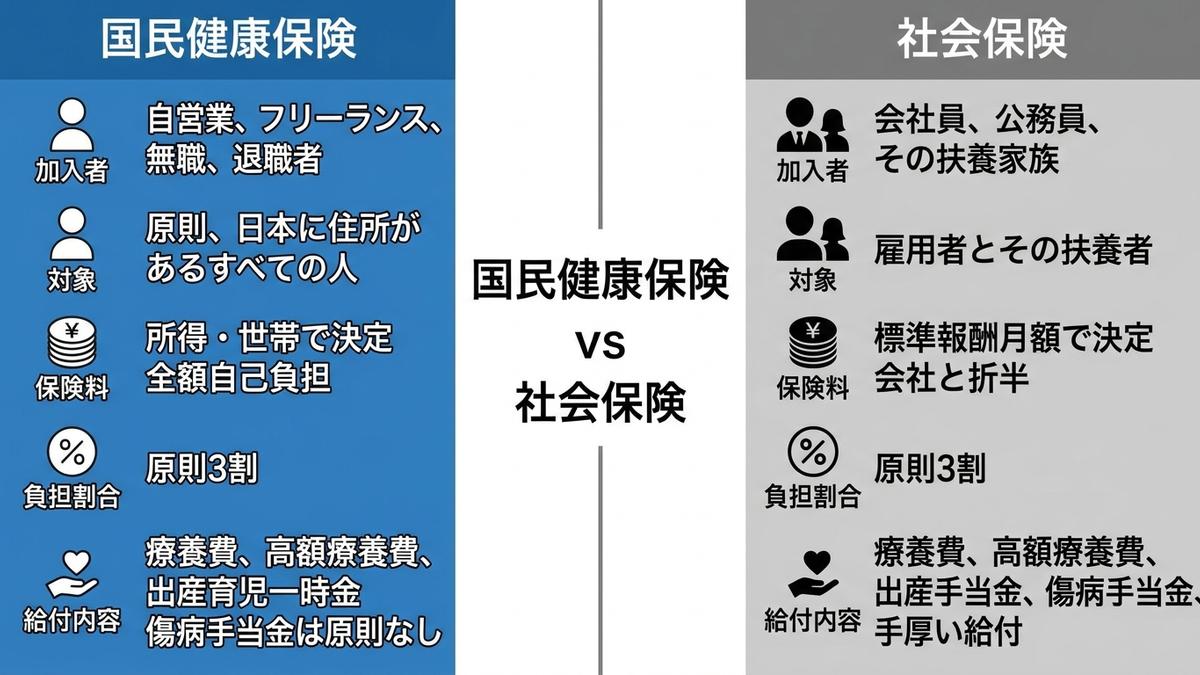 個人事業主と会社員の公的保障の違いを示す比較イメージ