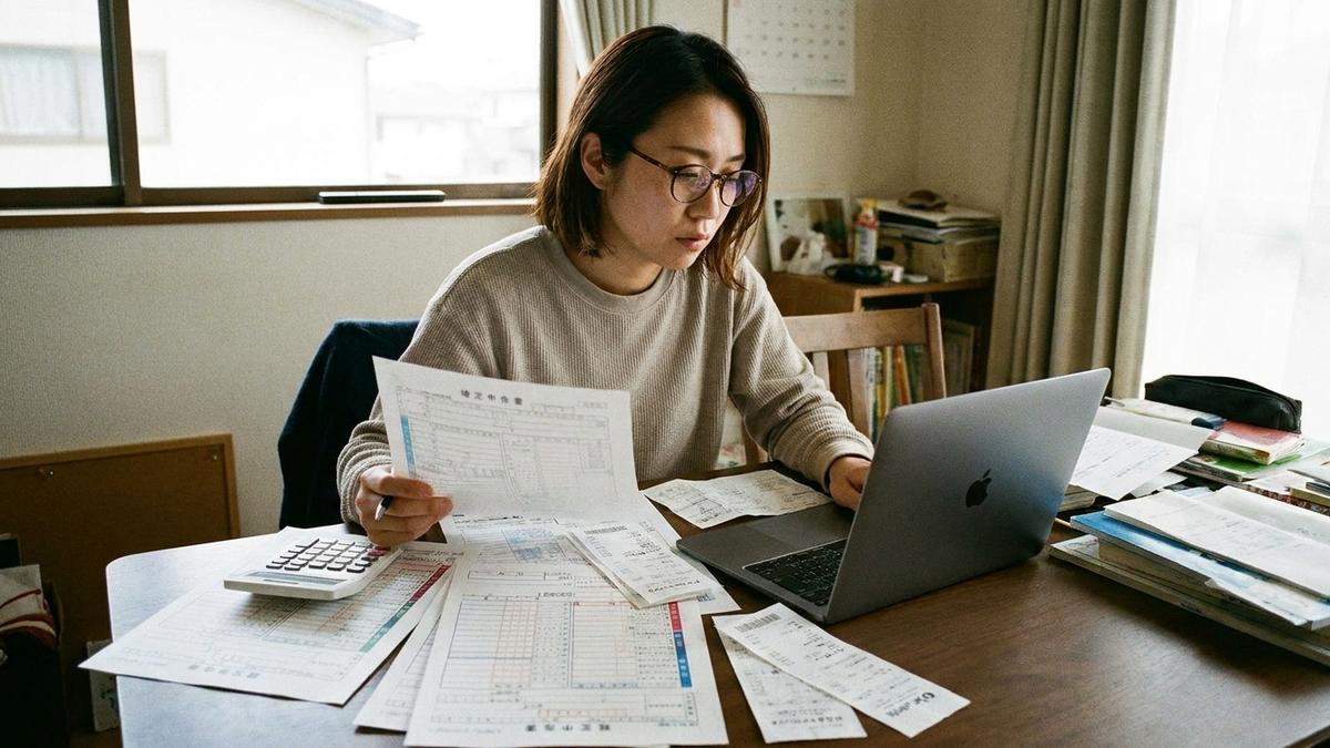 就業不能保険の保険料控除について確認する個人事業主の女性