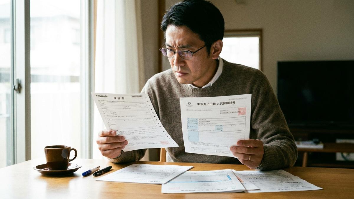 メーカー保証書と保険証券を比較する男性