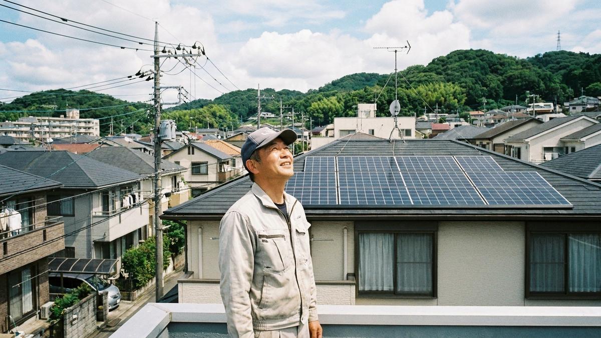 アパートの屋根の太陽光パネルを確認するオーナー