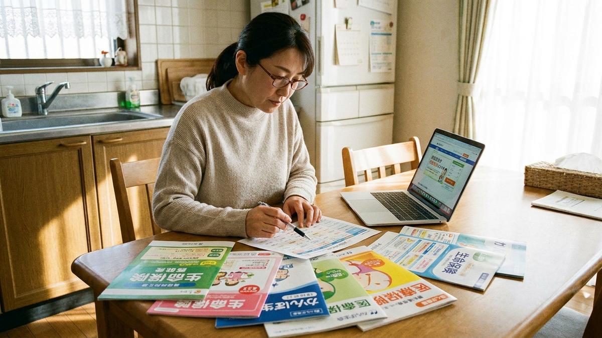 複数の保険会社の資料を比較する様子