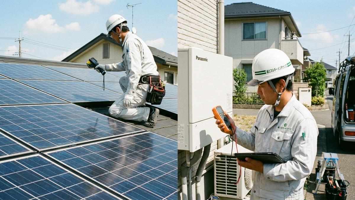 太陽光発電設備の点検を行う作業員