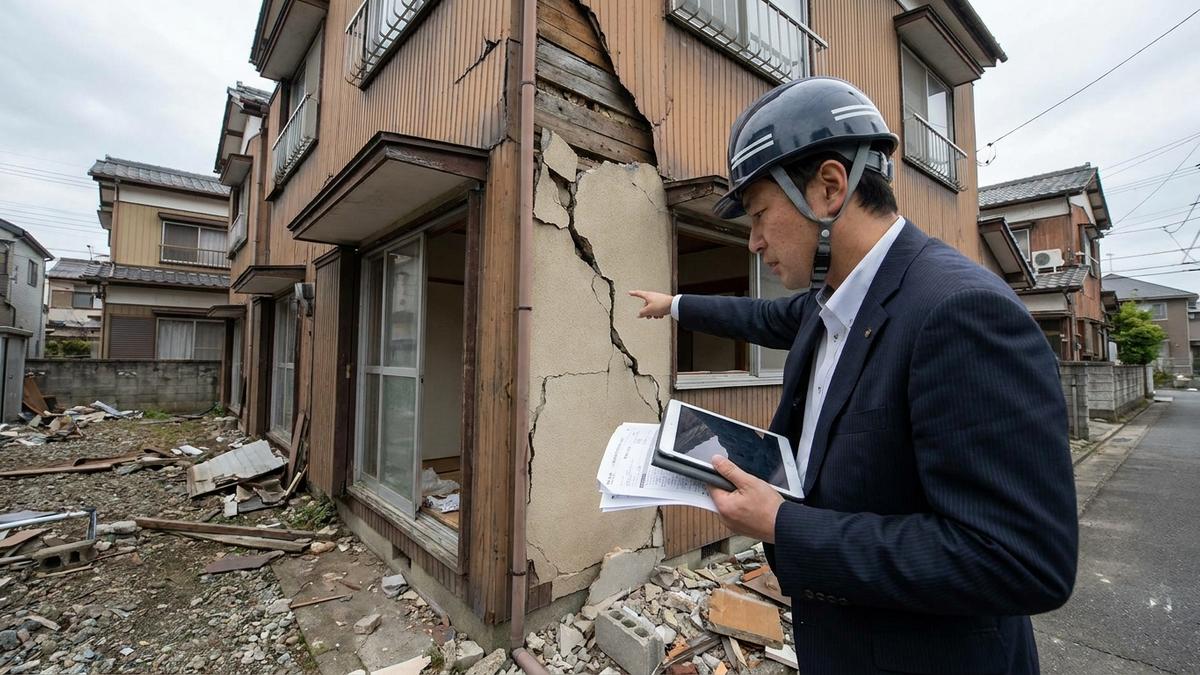 地震保険が補償する建物損壊の範囲を確認する保険担当者