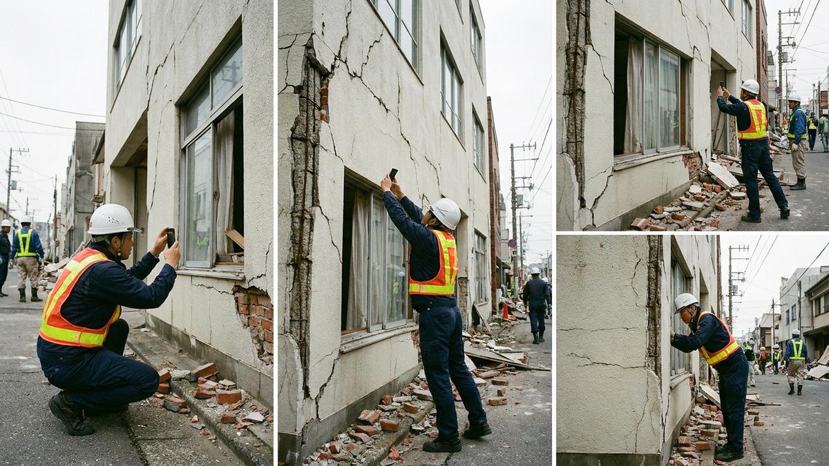 地震保険の請求に向けて被害状況を撮影する担当者