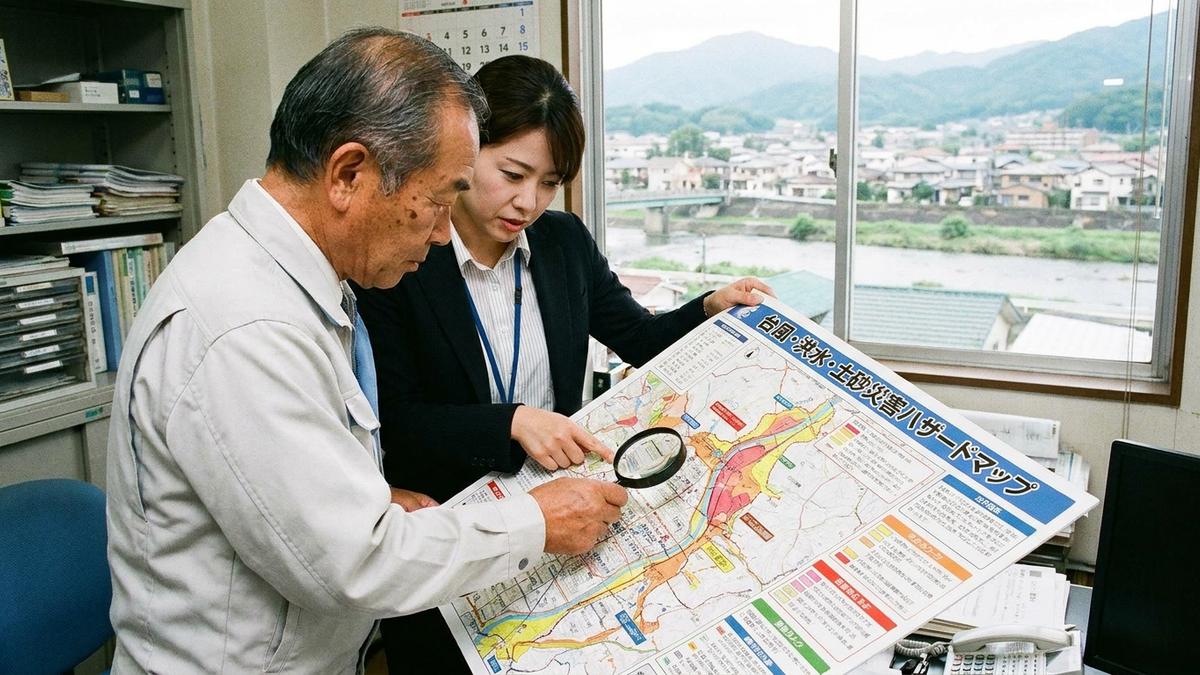 地震以外の自然災害リスクをハザードマップで確認する様子