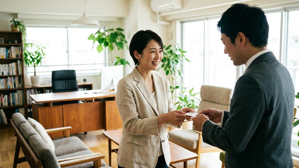 自宅兼事務所で来客対応をする様子