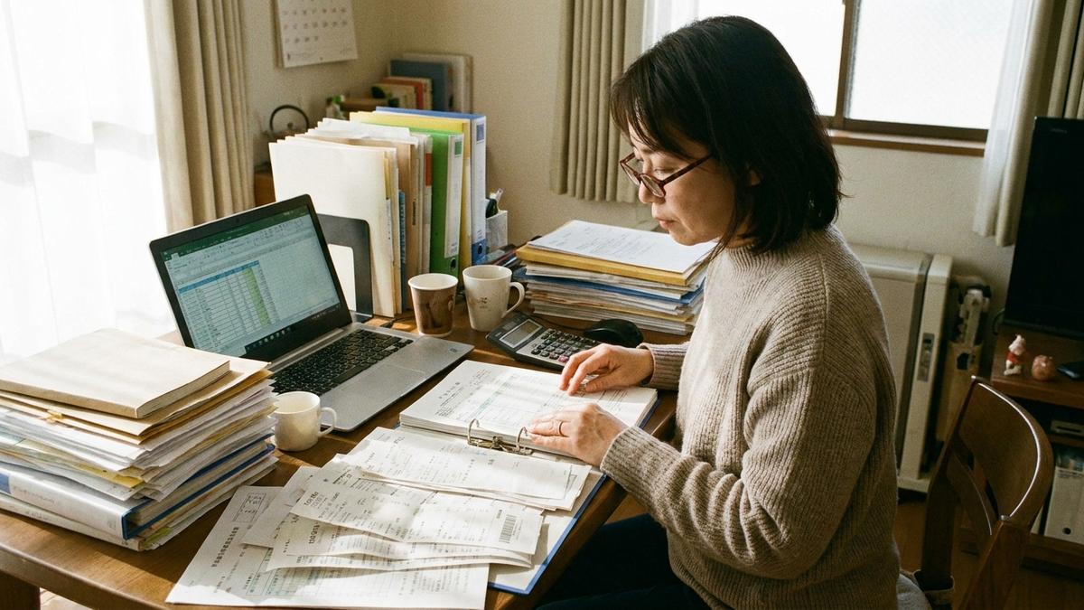 確定申告の書類を整理するフリーランスの女性