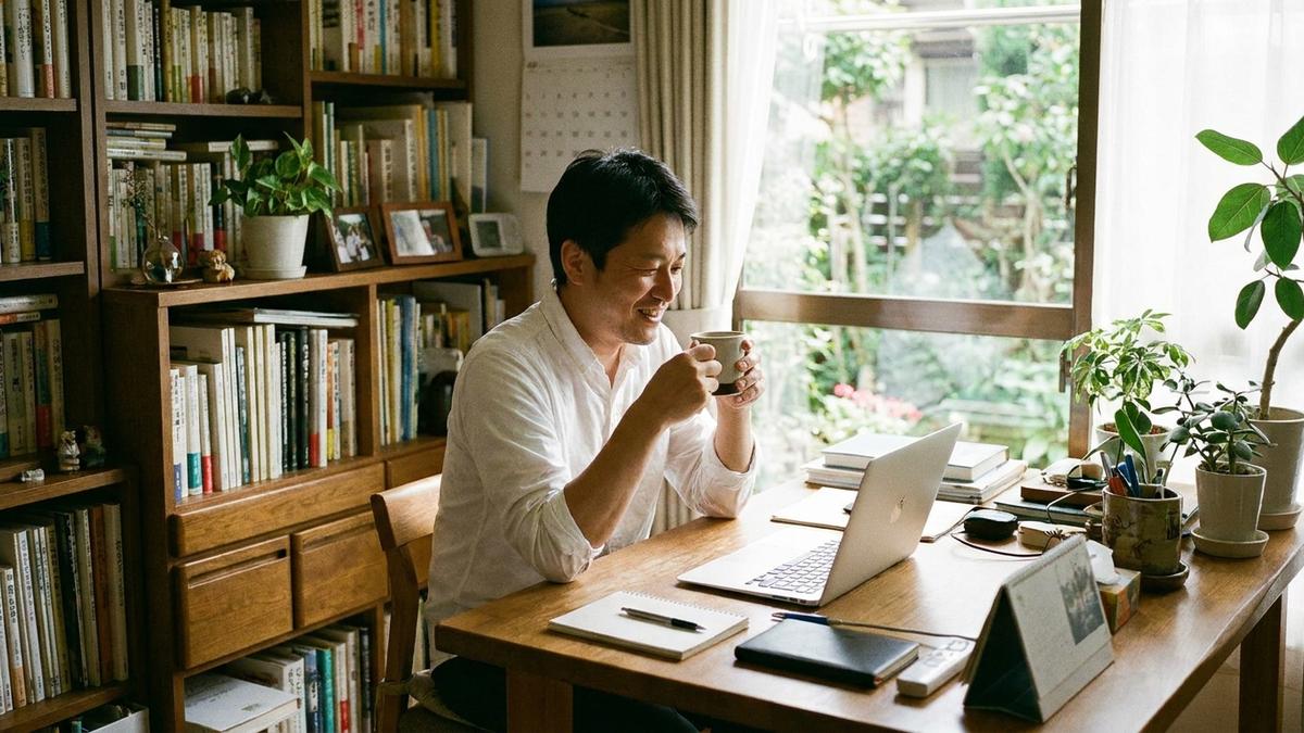 自宅兼事務所の保険を見直して安心する個人事業主のイメージ