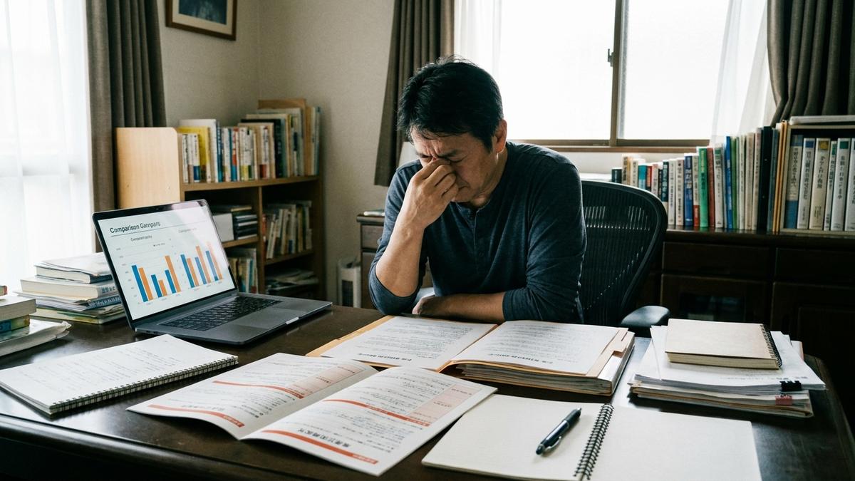 複数物件の火災保険証券を見比べるアパートオーナー