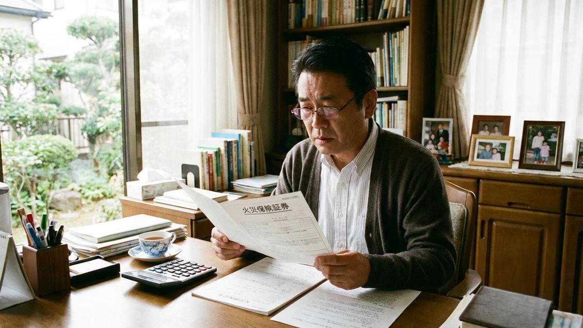 火災保険の証券を確認するアパートオーナー