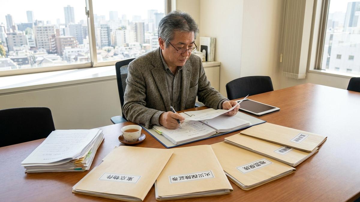 複数物件の火災保険書類を並べて検討するオーナー