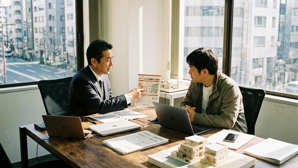 アパートオーナーに火災保険の選び方を説明する保険コンサルタント