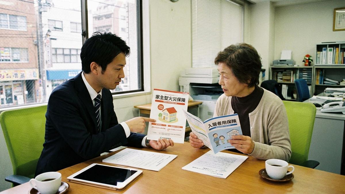 家主型と入居者型の保険を比較するオーナーと担当者