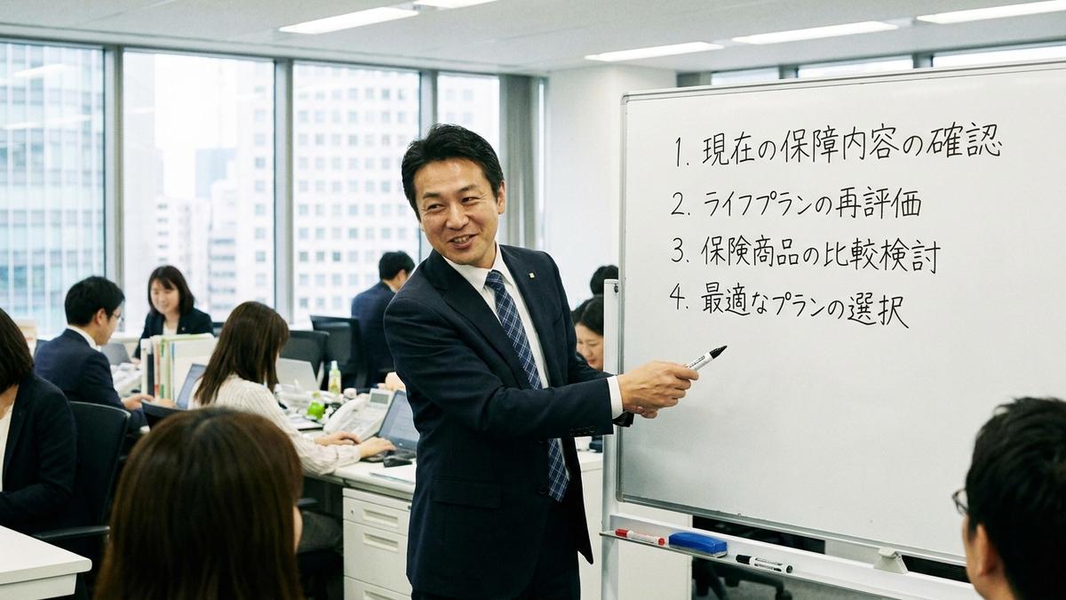 保険選びの4つの判断軸を説明する保険コンサルタント