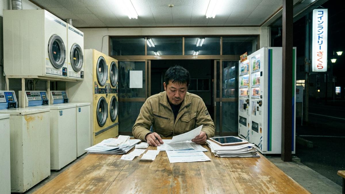 無人のコインランドリー店舗で保険資料を確認する経営者