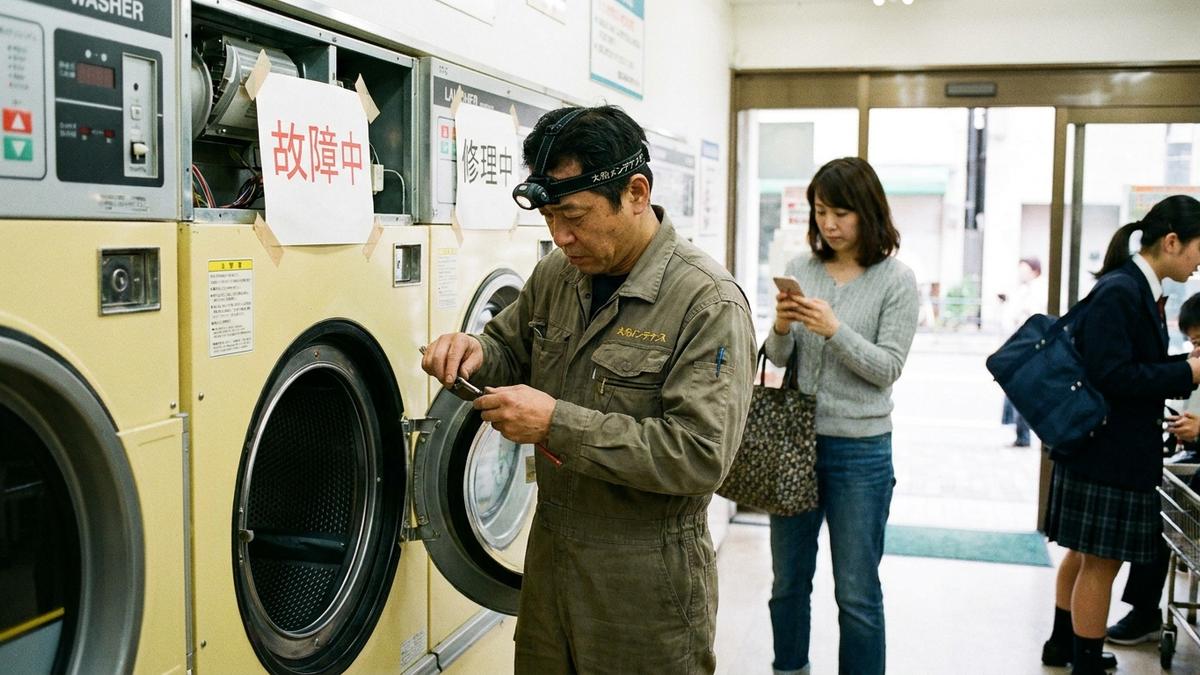 コインランドリーの洗濯機・乾燥機の故障を点検する様子