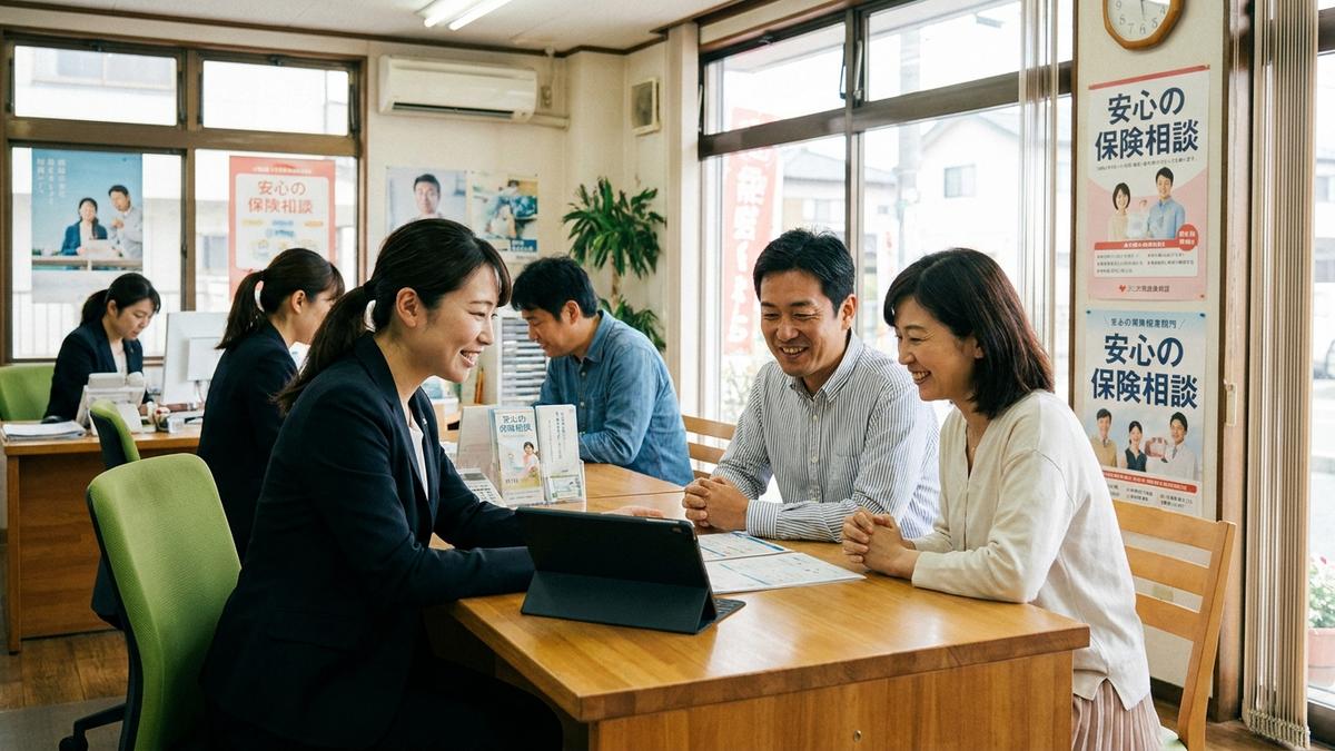 保険代理店の窓口で孤独死保険の相談に応じるスタッフ