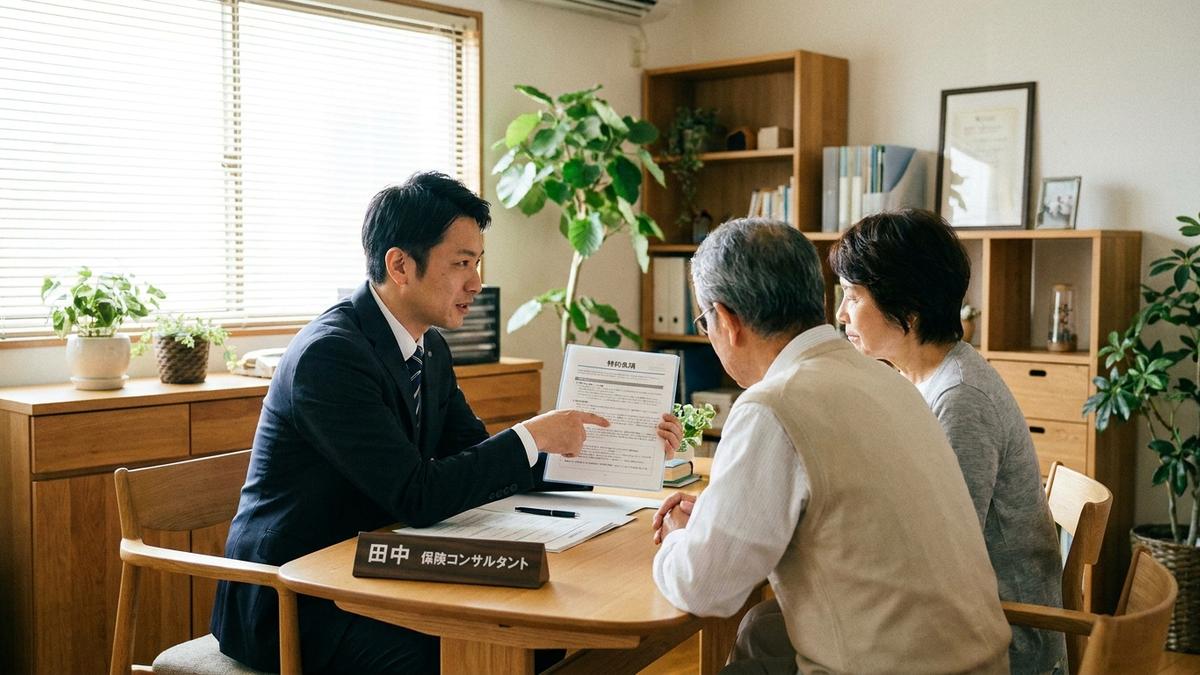 特約と家財保険の関係を説明する保険コンサルタント