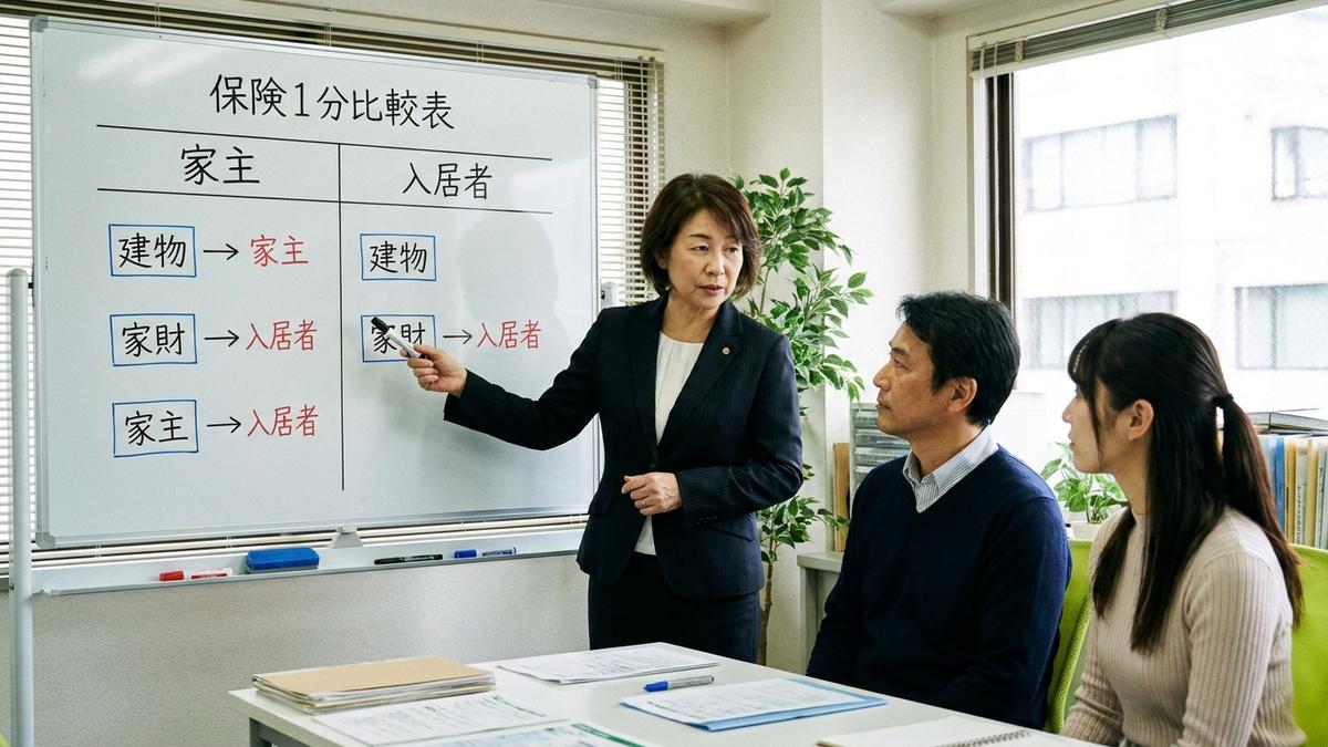 家財保険の特約と家主型孤独死保険の受益者の違いを説明する図