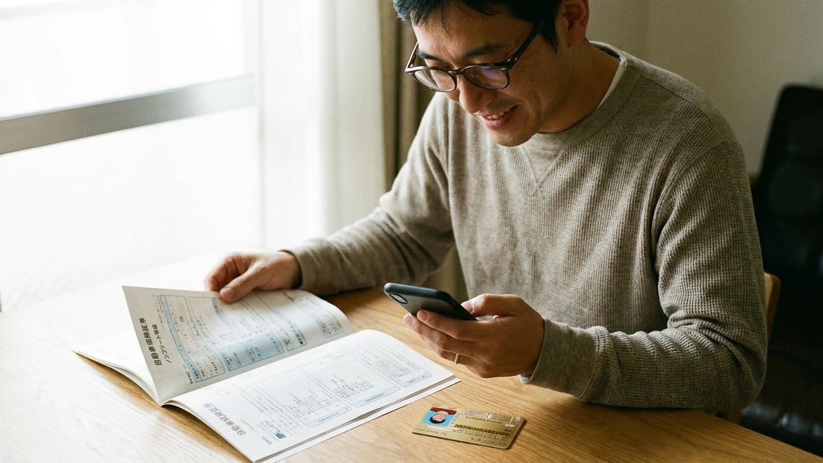 ゴールド免許の自動車保険割引率を確認する男性