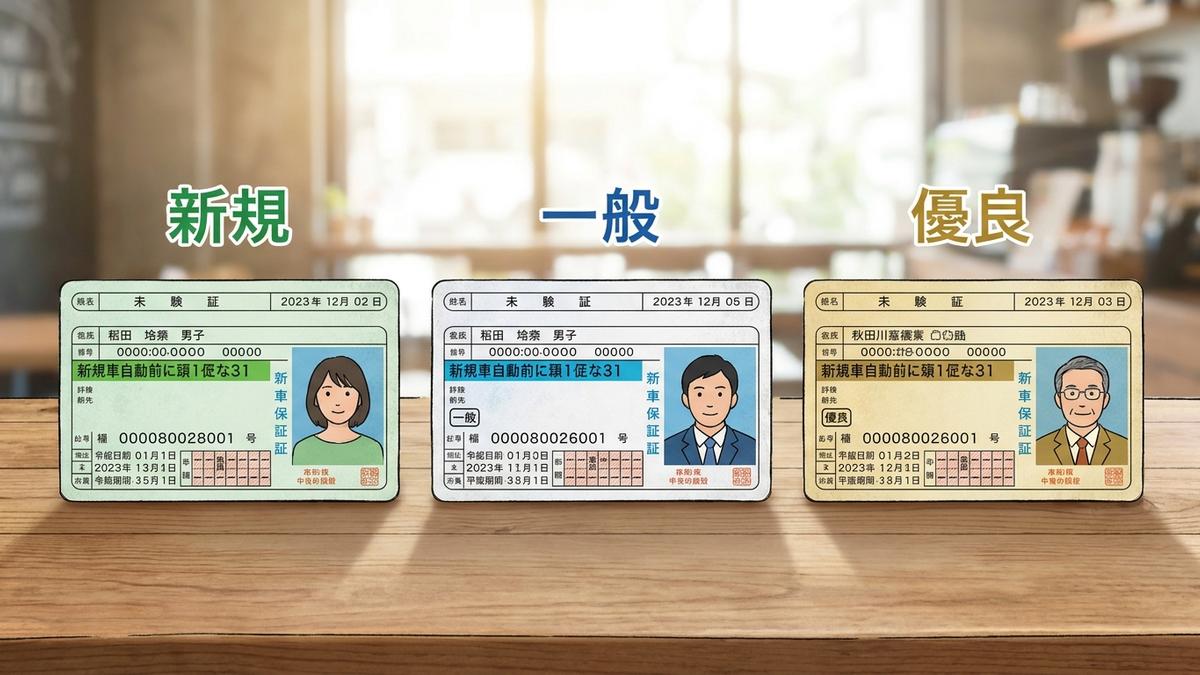 運転免許証の3色（グリーン・ブルー・ゴールド）の比較
