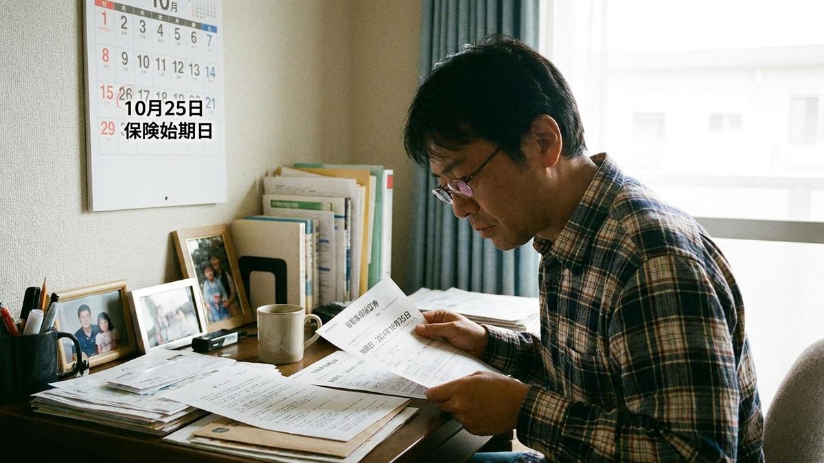 保険始期日を確認しながら契約書をチェックする男性